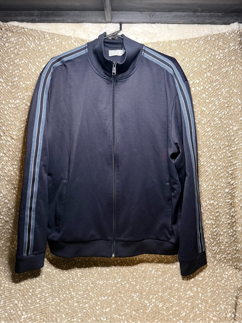 Vince Navy Zip-Up Track Jacket with Light Blue Stripes